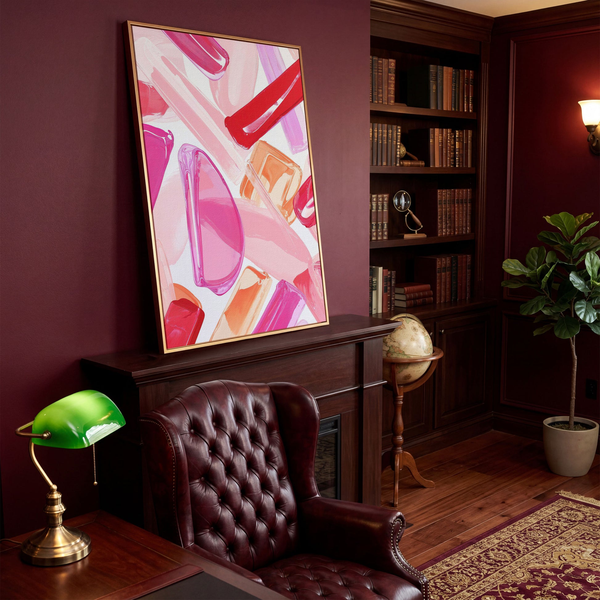 Pink Abstract Brushstrokes Canvas in antique gold floating frame