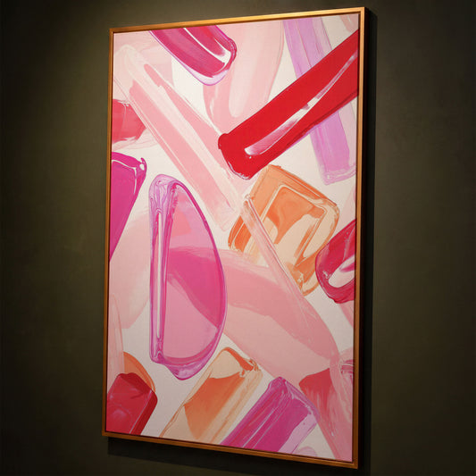 Pink Abstract Brushstrokes Canvas shown in antique gold floating frame
