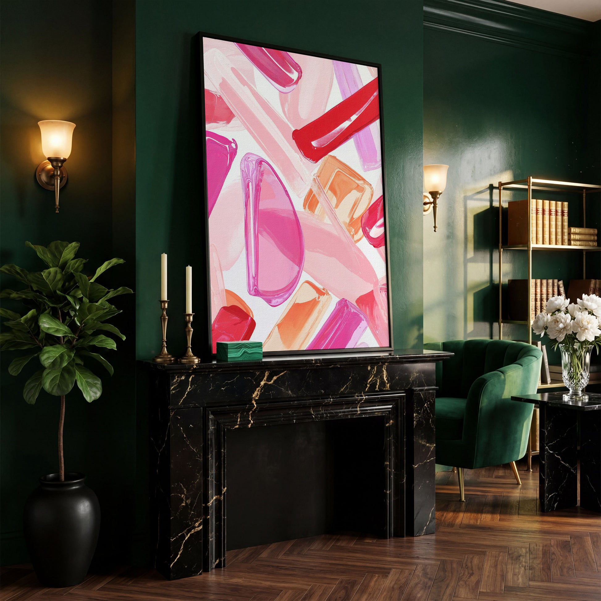 Pink Abstract Brushstrokes Canvas in black floating frame