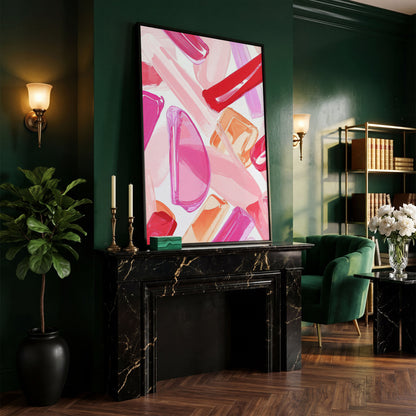 Pink Abstract Brushstrokes Canvas in black floating frame
