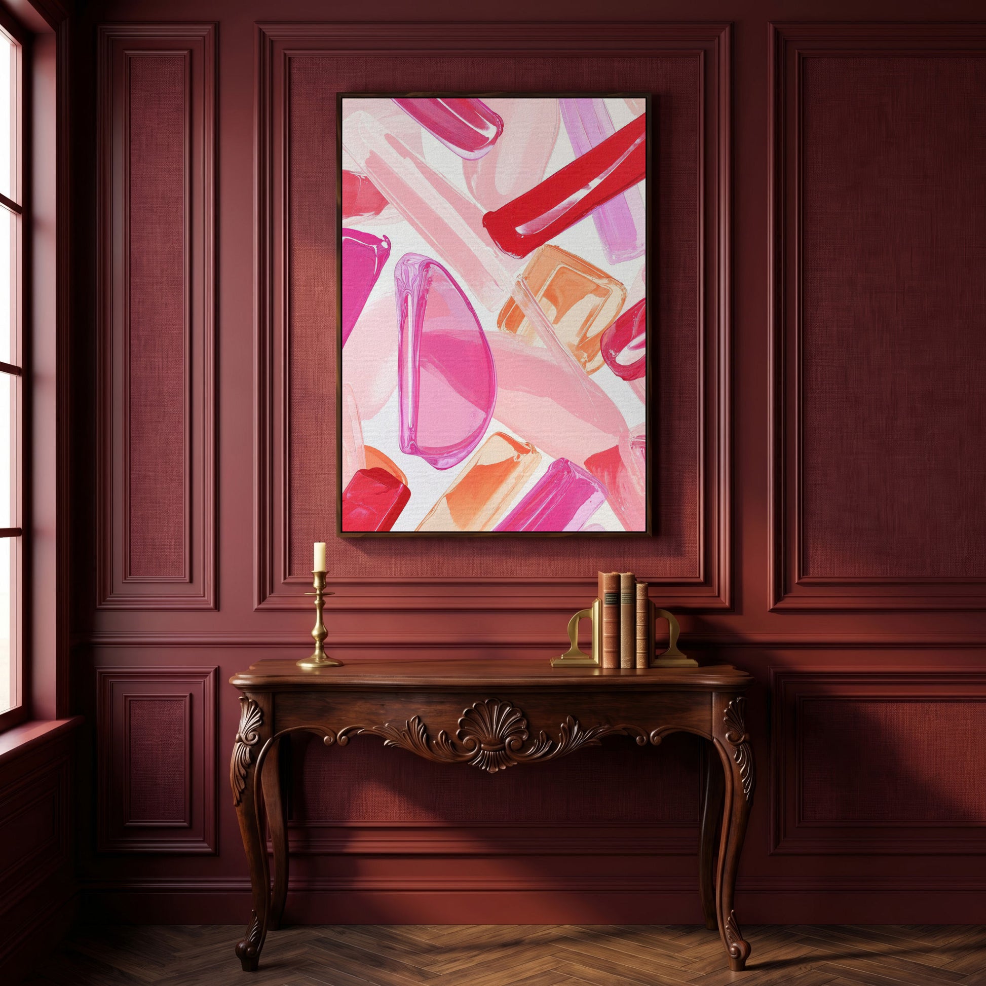 Pink Abstract Brushstrokes Canvas in dark walnut floating frame