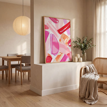 Pink Abstract Brushstrokes Canvas in white oak floating frame