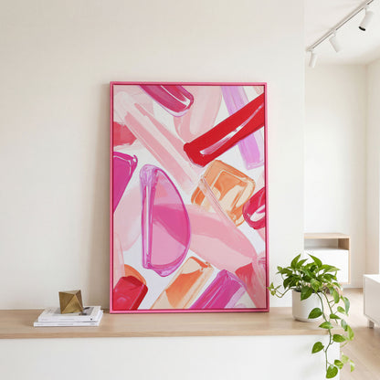 Pink Abstract Brushstrokes Canvas in pink floating frame