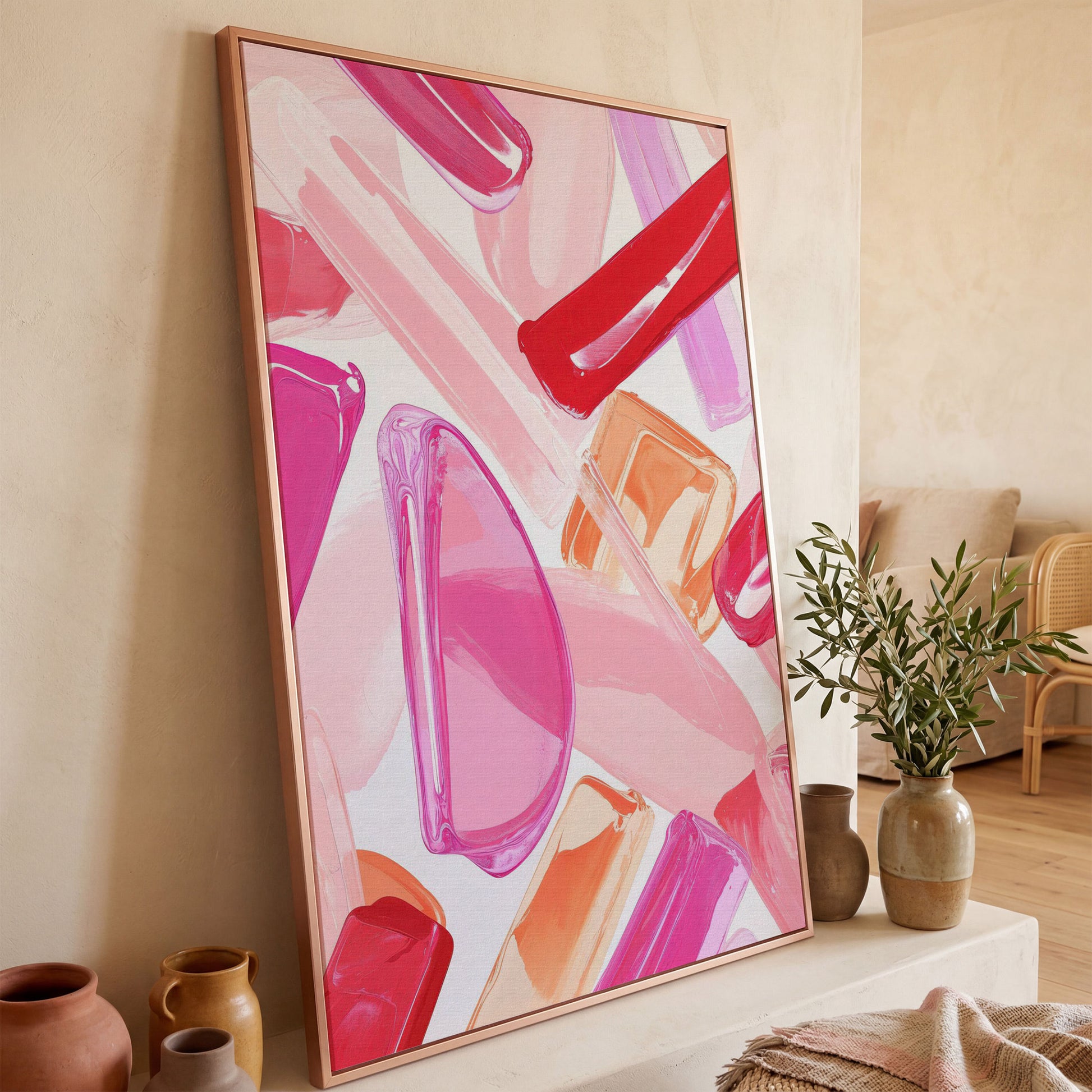 Pink Abstract Brushstrokes Canvas in rose gold floating frame