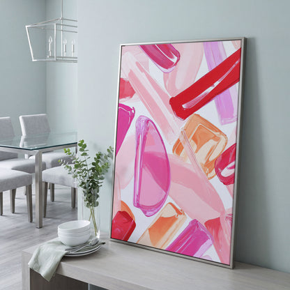 Pink Abstract Brushstrokes Canvas in silver floating frame