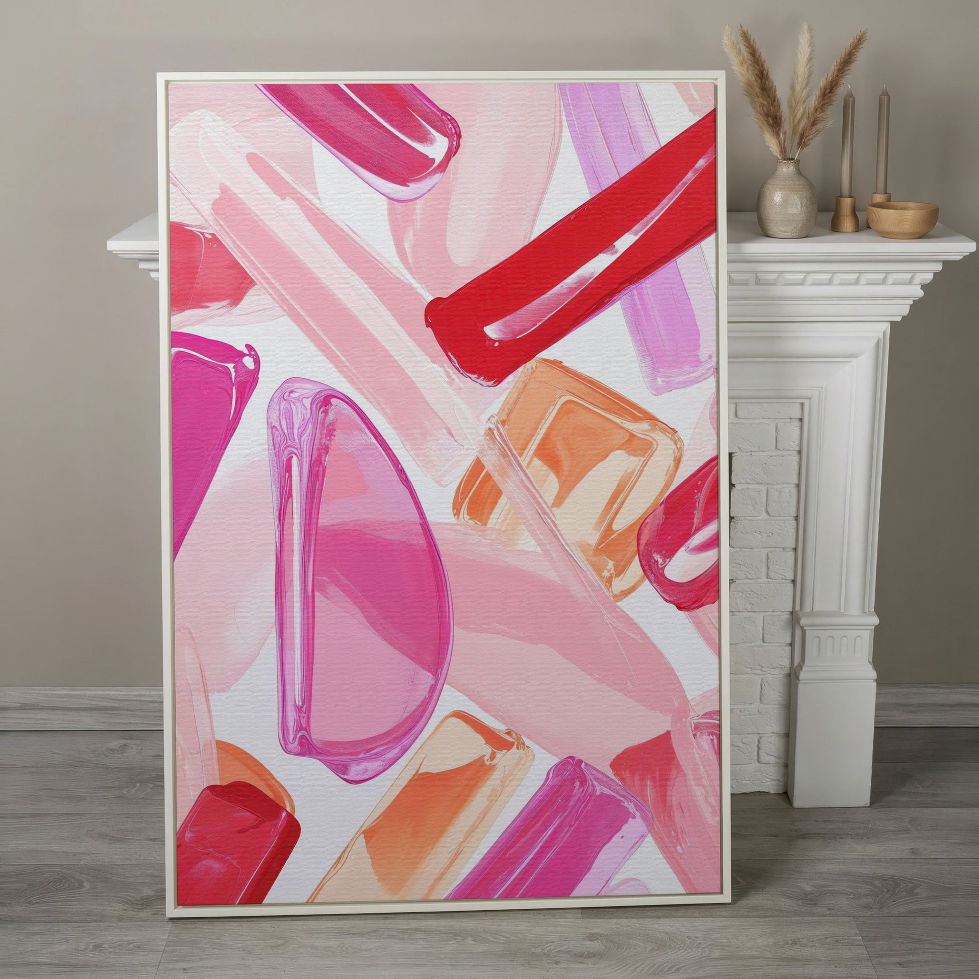 Pink Abstract Brushstrokes Canvas in white floating frame