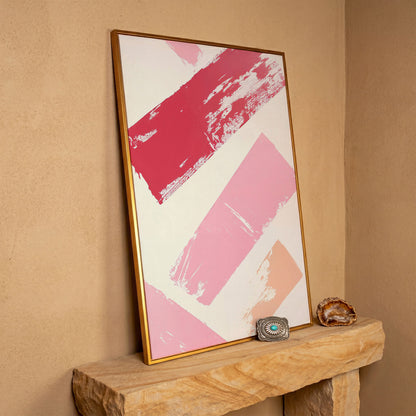 Pink Abstract Strokes Canvas Print in antique gold floating frame