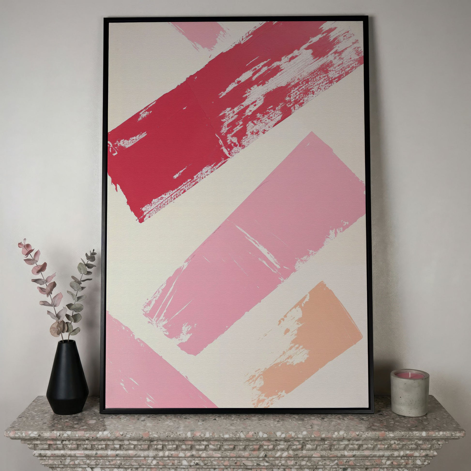 Pink Abstract Strokes Canvas Print in black floating frame