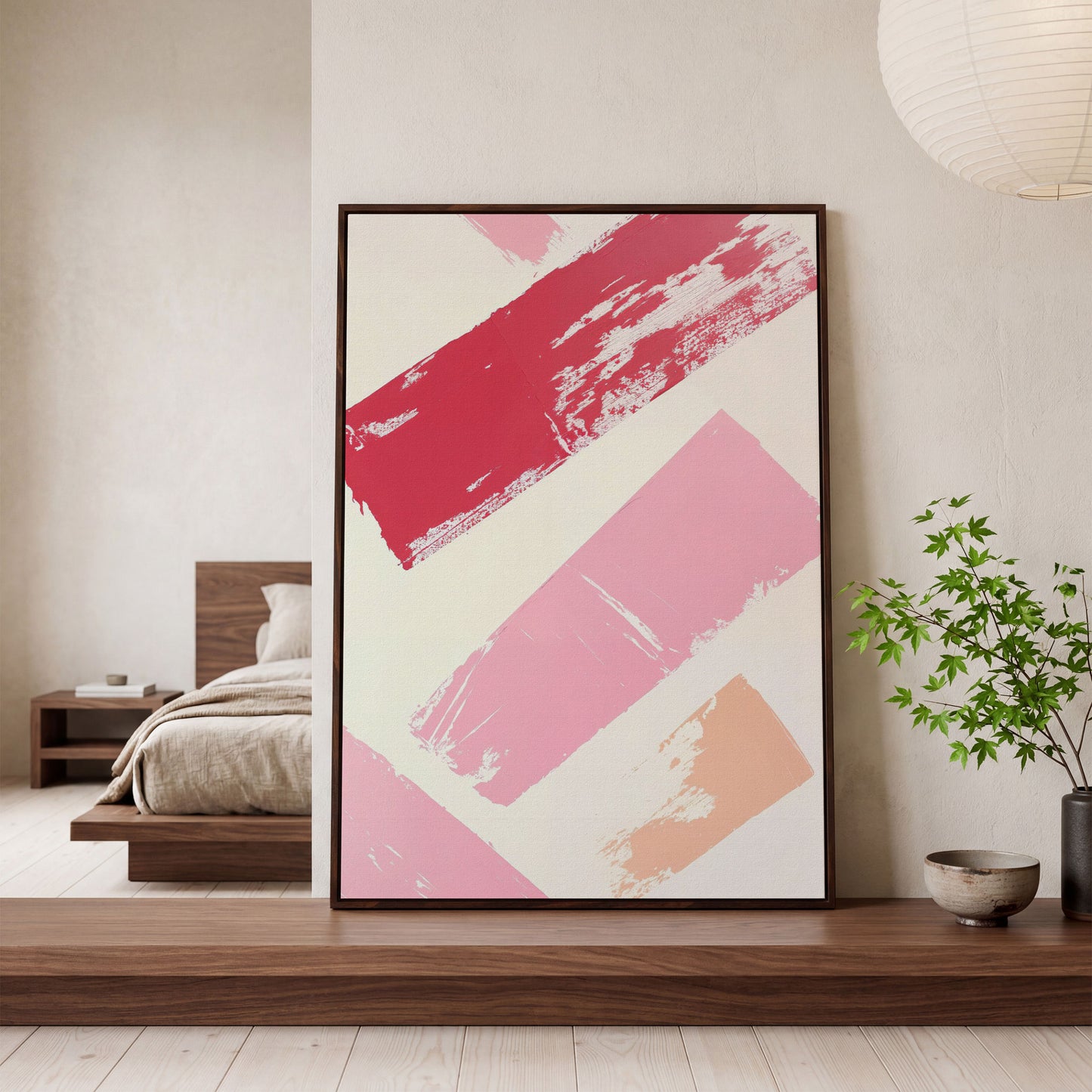 Pink Abstract Strokes Canvas Print in dark walnut floating frame