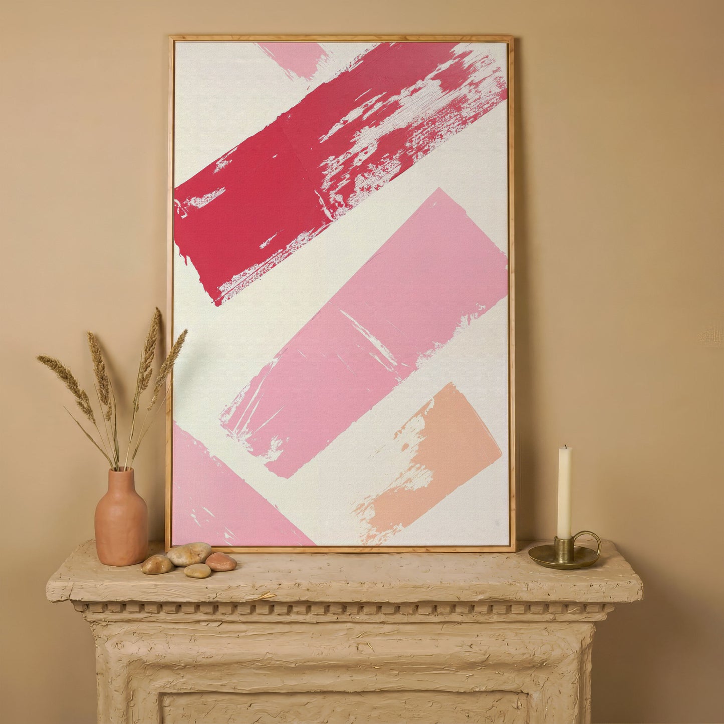Pink Abstract Strokes Canvas Print in white oak floating frame