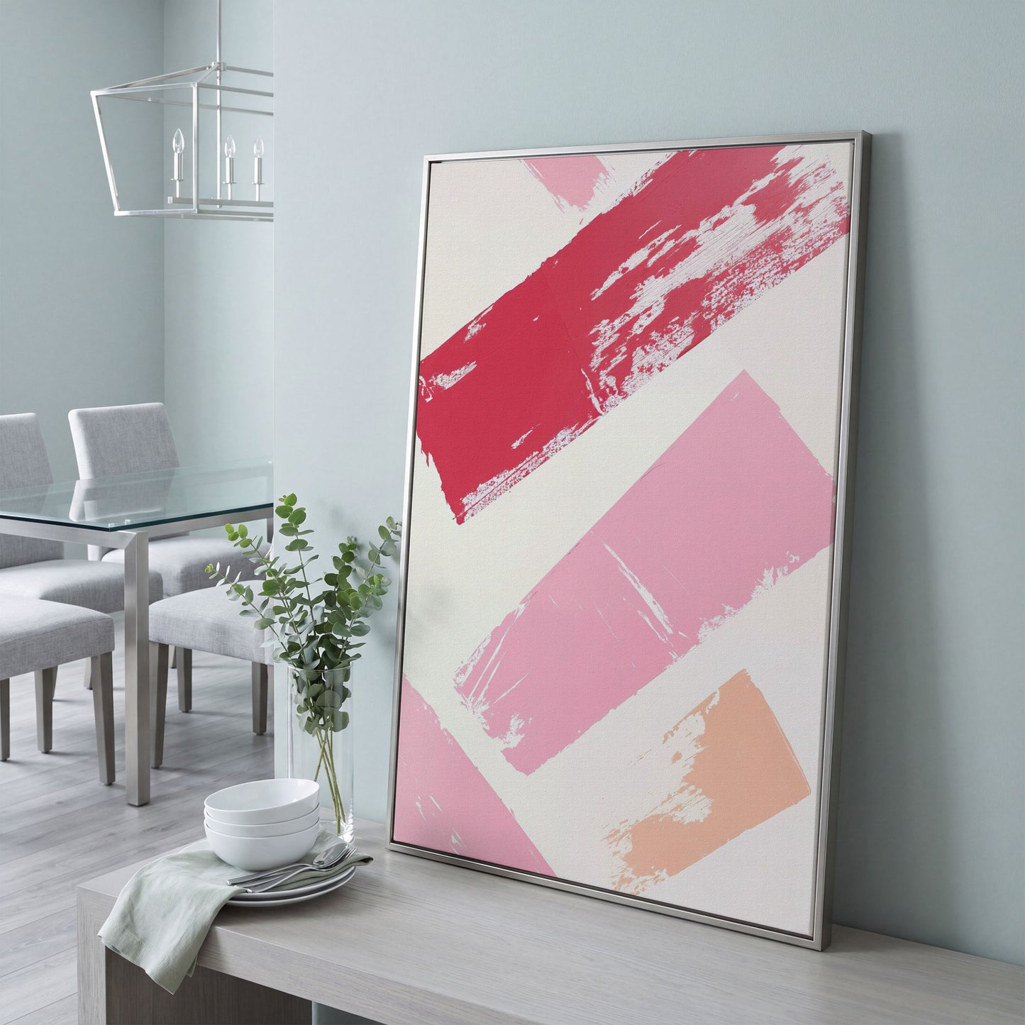 Pink Abstract Strokes Canvas Print in silver floating frame