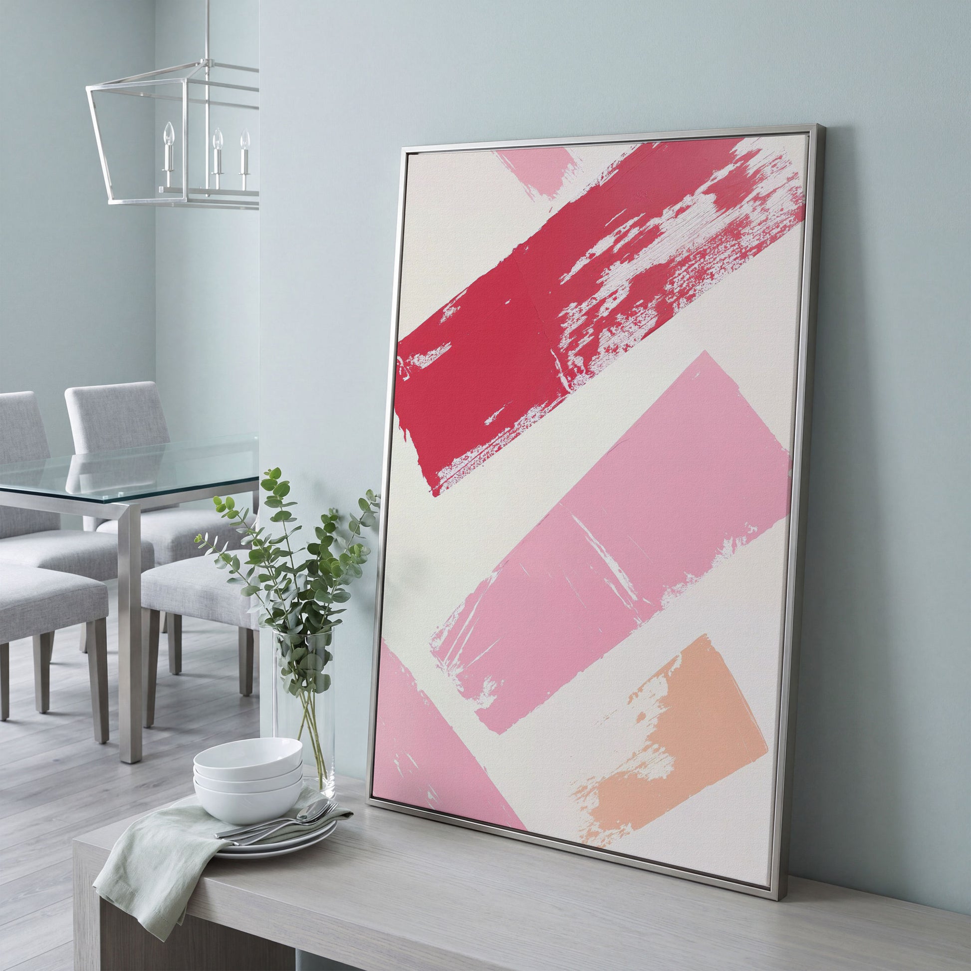 Pink Abstract Strokes Canvas Print in silver floating frame