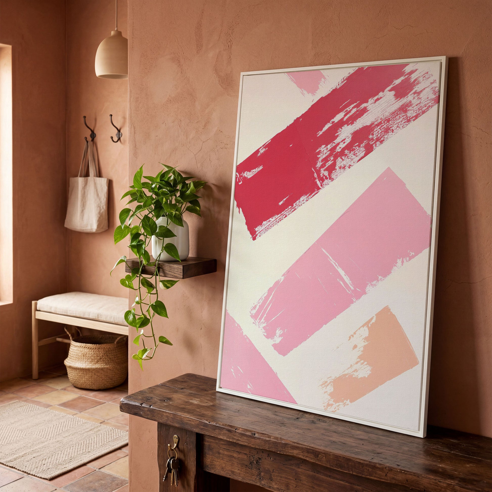 Pink Abstract Strokes Canvas Print in white floating frame