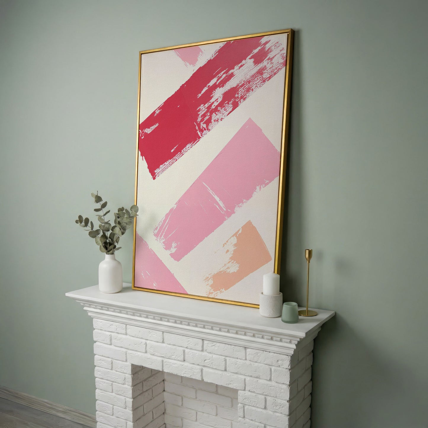 Pink Abstract Strokes Canvas Print in yellow gold floating frame