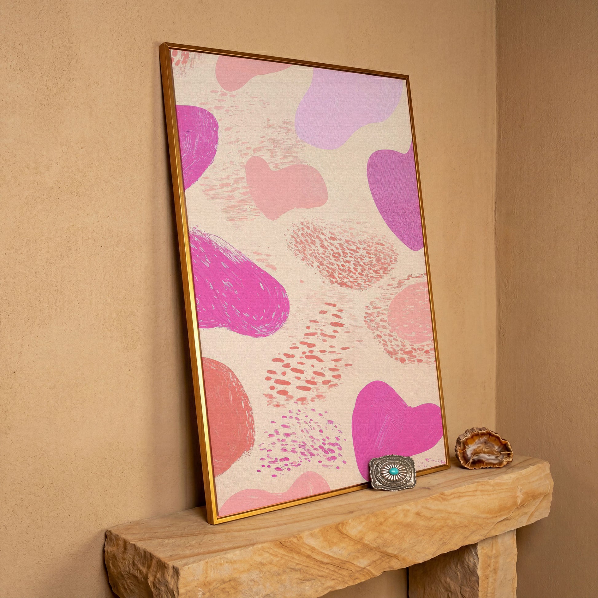 Pink Abstract Canvas Print with Organic Shapes in antique gold floating frame