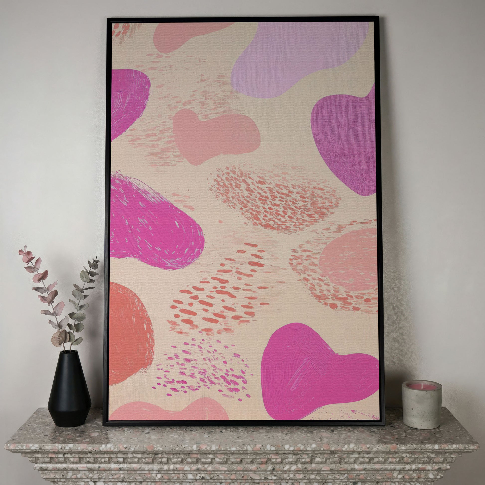 Pink Abstract Canvas Print with Organic Shapes in black floating frame
