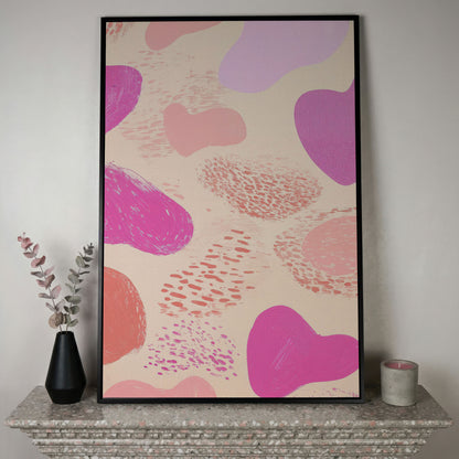 Pink Abstract Canvas Print with Organic Shapes in black floating frame