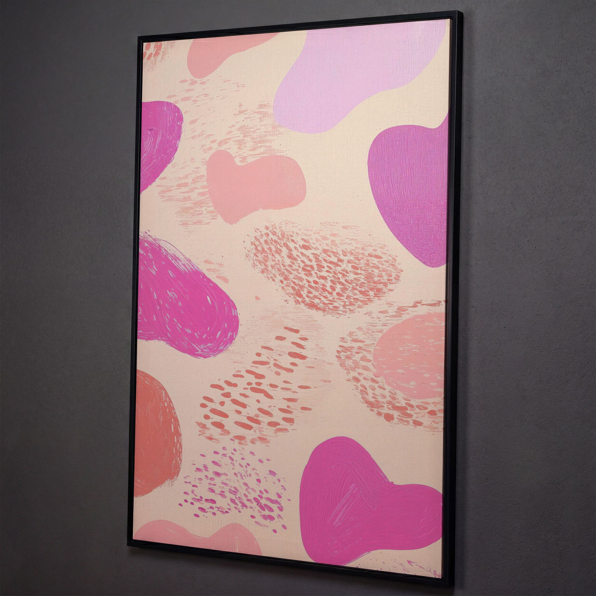 Pink Abstract Canvas Print with Organic Shapes shown in black floating frame