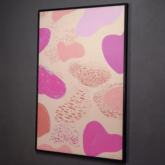 Pink Abstract Canvas Print with Organic Shapes shown in black floating frame