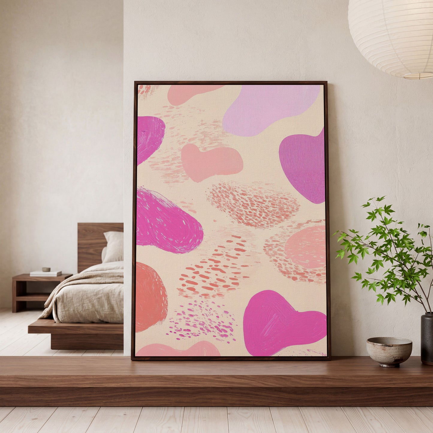 Pink Abstract Canvas Print with Organic Shapes in dark walnut floating frame