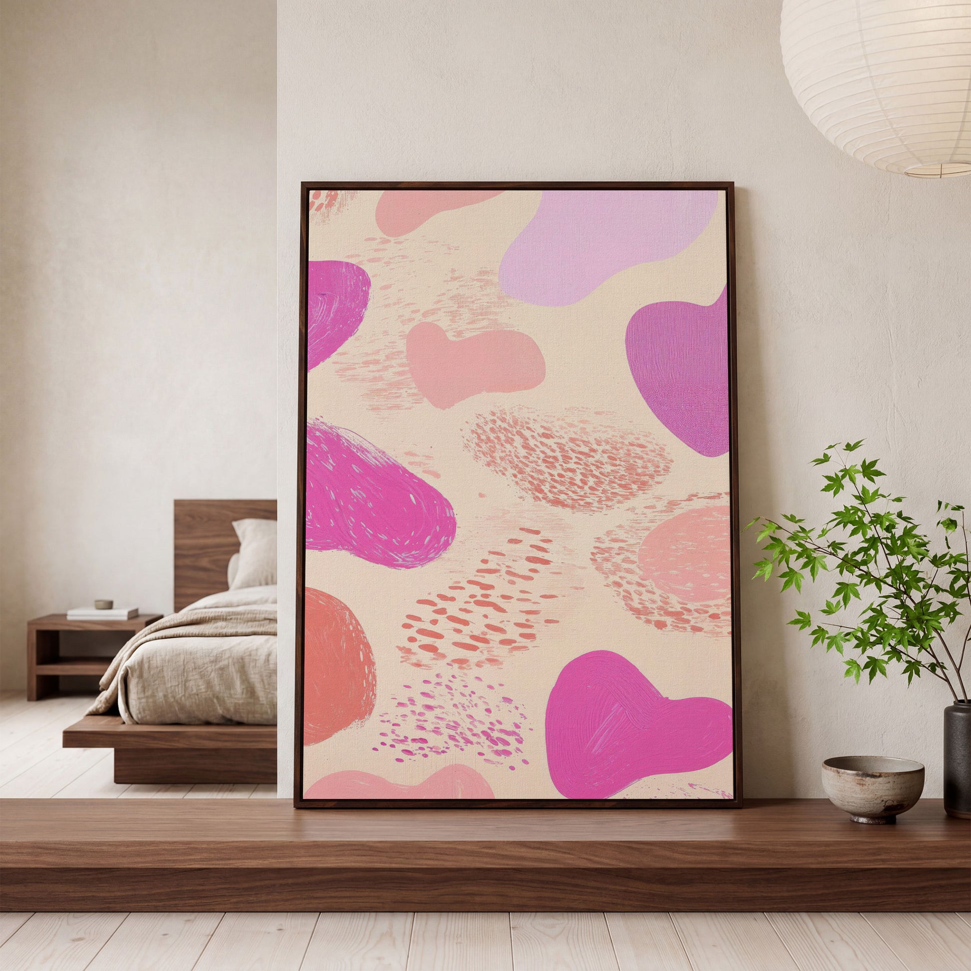 Pink Abstract Canvas Print with Organic Shapes in dark walnut floating frame