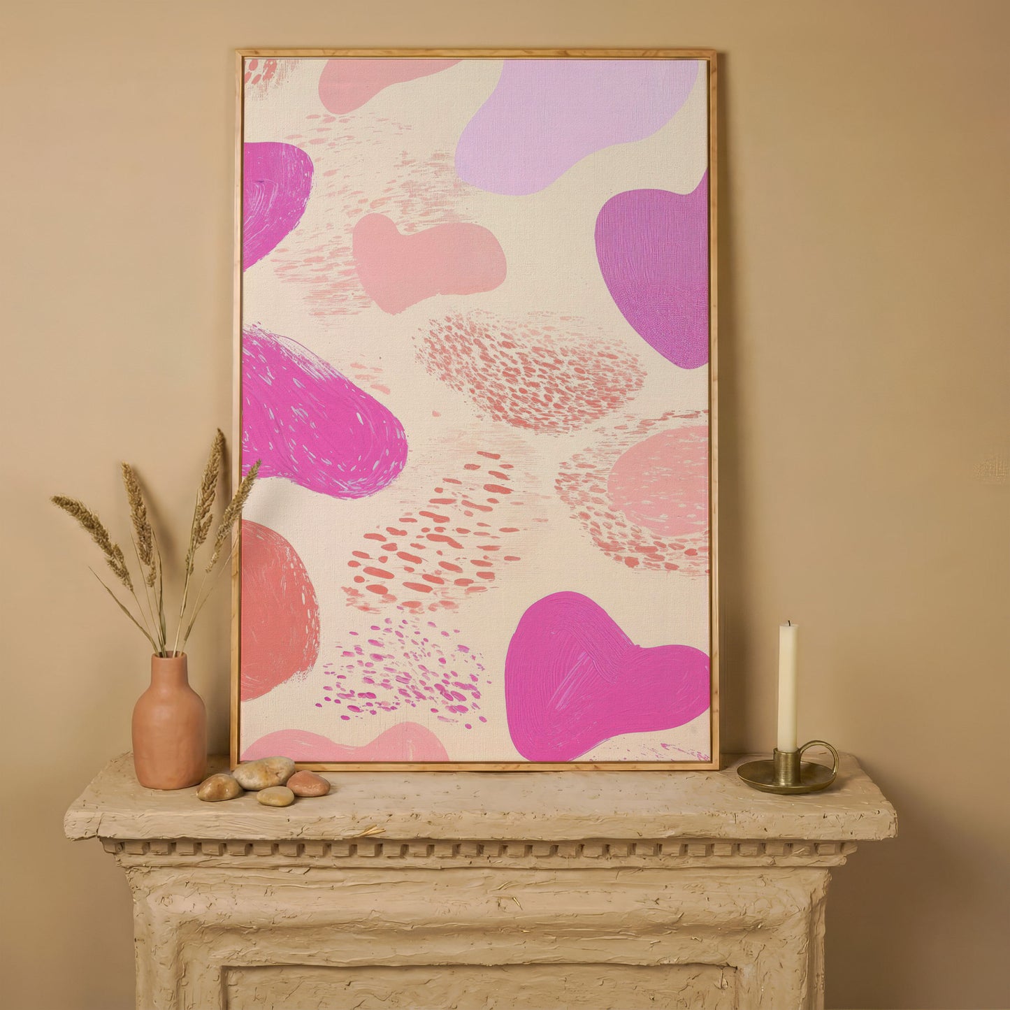 Pink Abstract Canvas Print with Organic Shapes in white oak floating frame