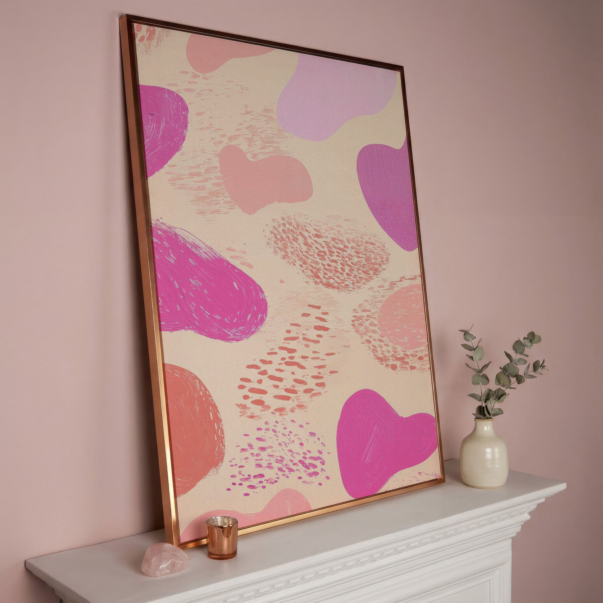Pink Abstract Canvas Print with Organic Shapes in rose gold floating frame