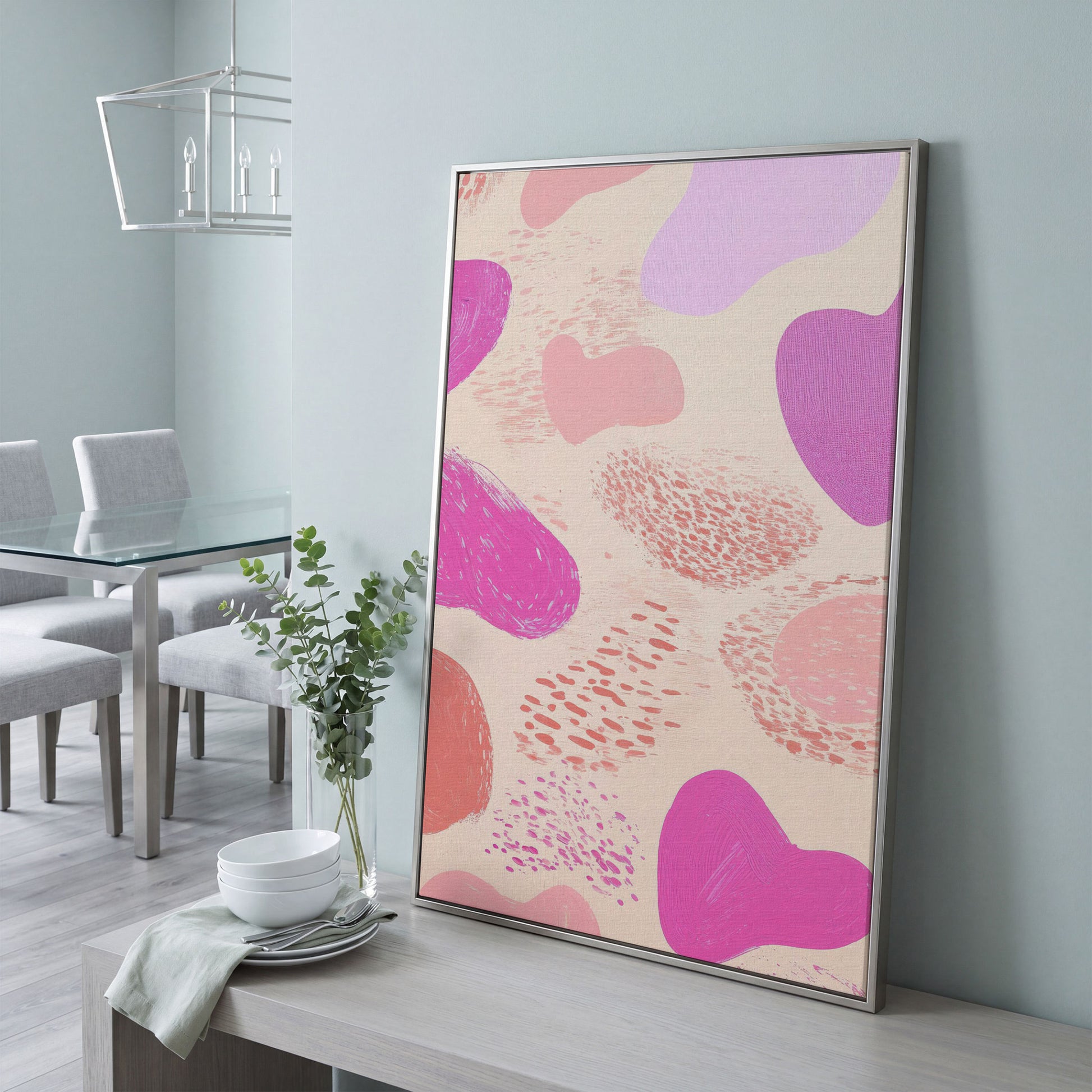 Pink Abstract Canvas Print with Organic Shapes in silver floating frame
