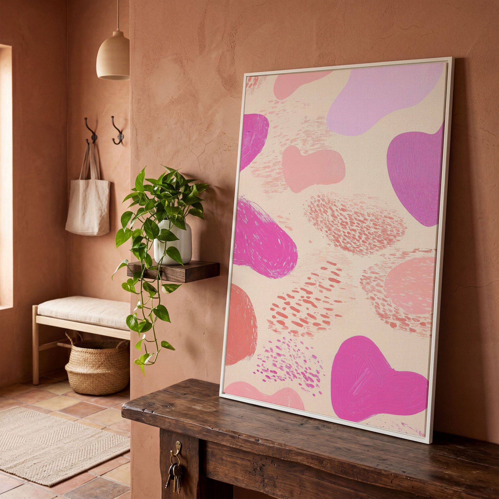 Pink Abstract Canvas Print with Organic Shapes in white floating frame
