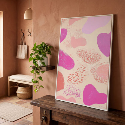 Pink Abstract Canvas Print with Organic Shapes in white floating frame
