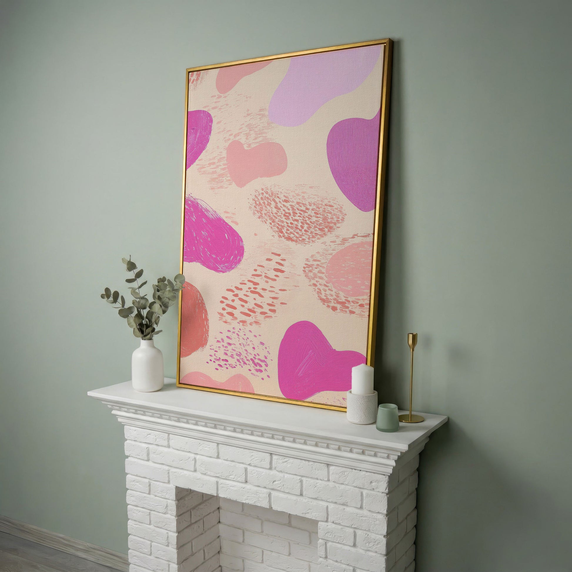 Pink Abstract Canvas Print with Organic Shapes in yellow gold floating frame