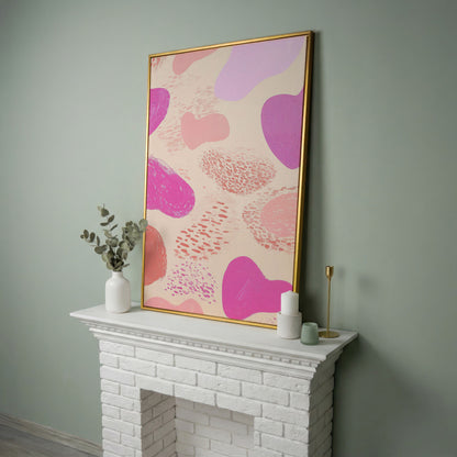 Pink Abstract Canvas Print with Organic Shapes in yellow gold floating frame