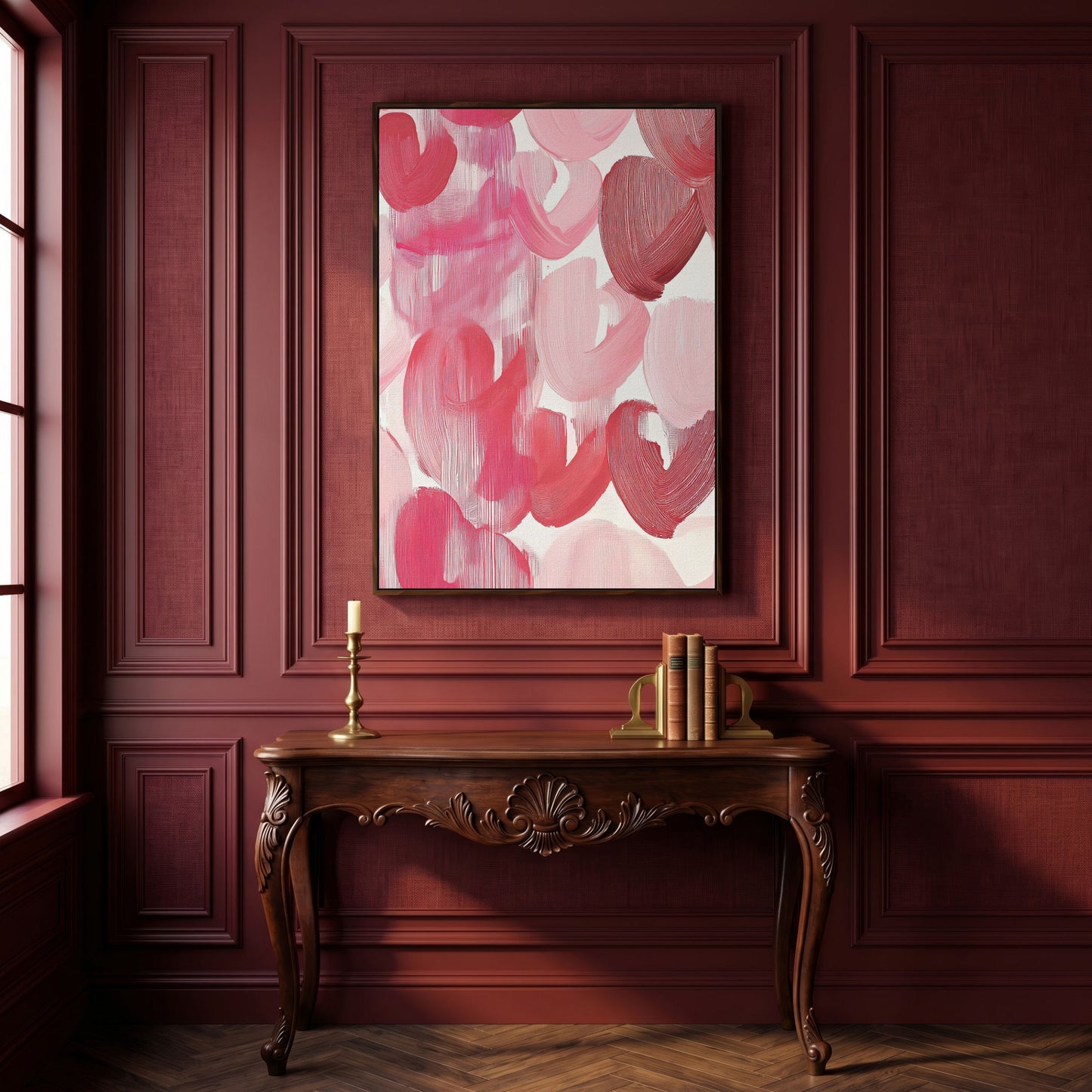 Abstract Pink Flowers in Soft Tones Canvas in dark walnut floating frame