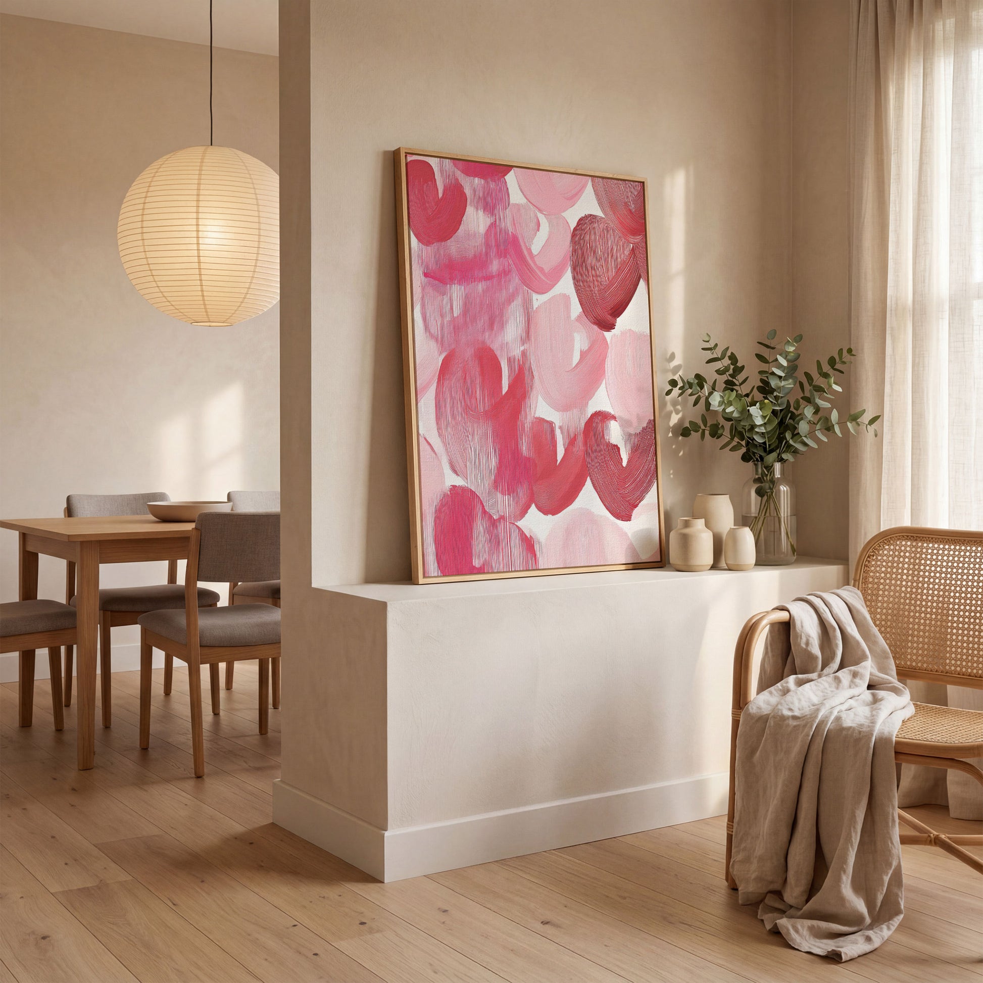Abstract Pink Flowers in Soft Tones Canvas in white oak floating frame