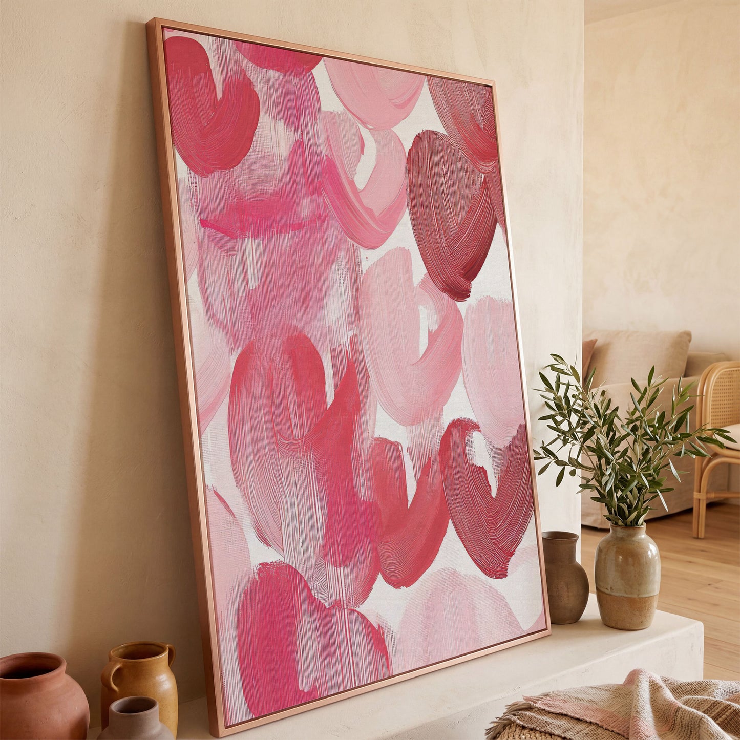 Abstract Pink Flowers in Soft Tones Canvas in rose gold floating frame
