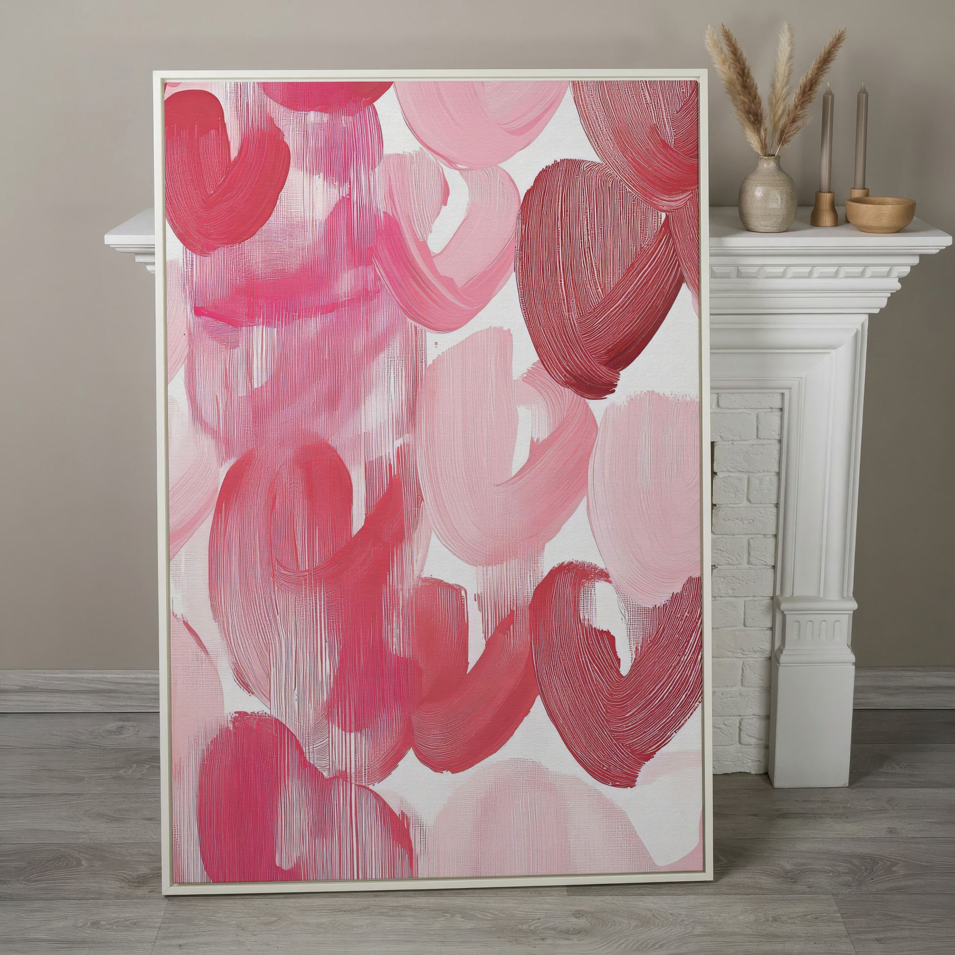 Abstract Pink Flowers in Soft Tones Canvas in white floating frame