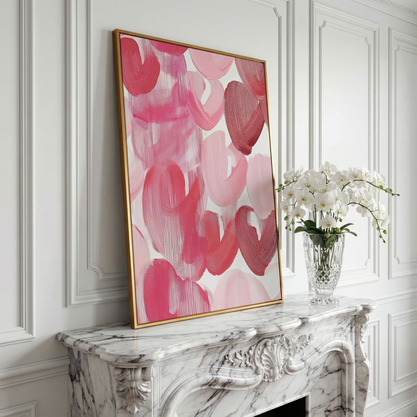 Abstract Pink Flowers in Soft Tones Canvas in yellow gold floating frame