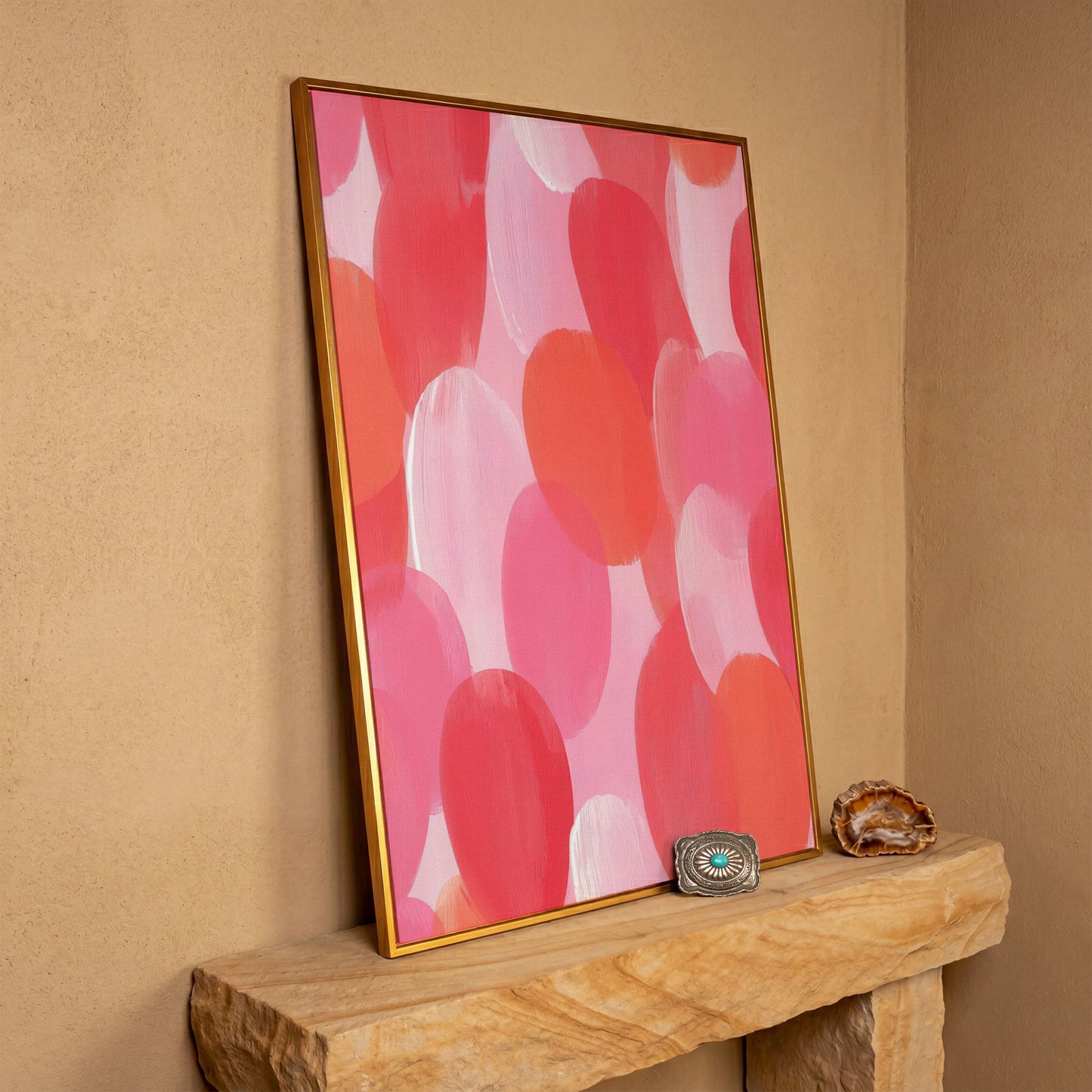 Abstract Pink Circles Canvas in antique gold floating frame