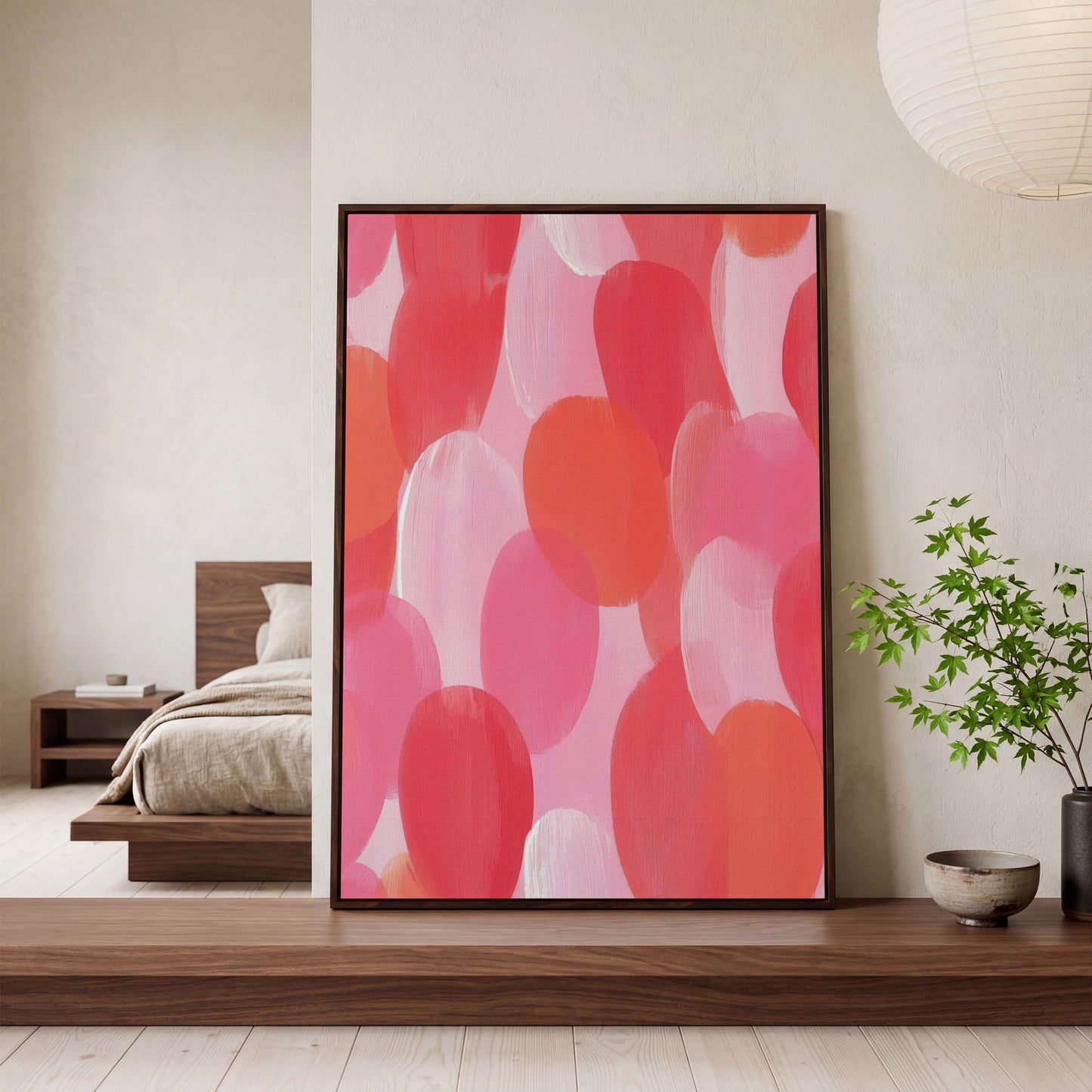 Abstract Pink Circles Canvas in dark walnut floating frame