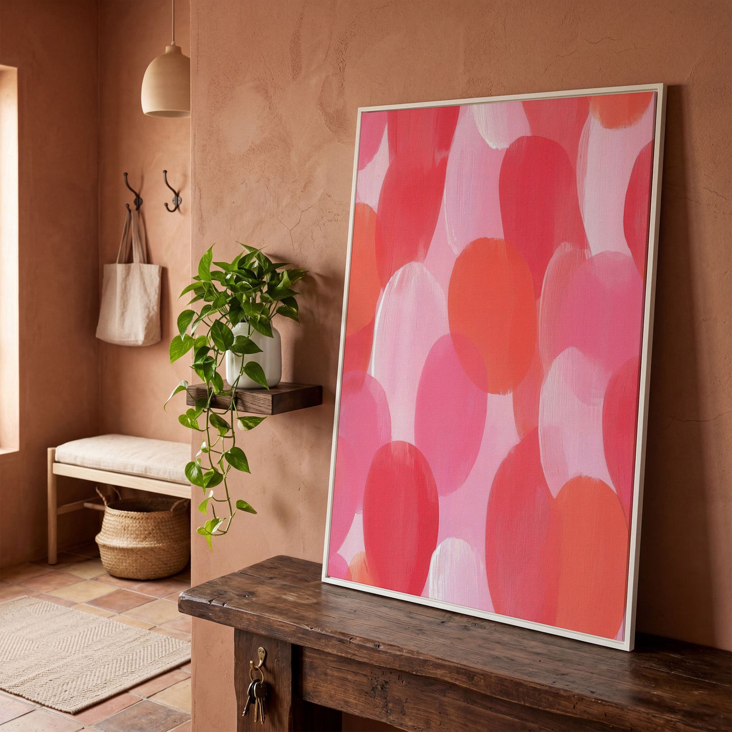 Abstract Pink Circles Canvas in white floating frame