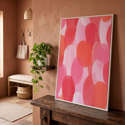 Abstract Pink Circles Canvas in white floating frame