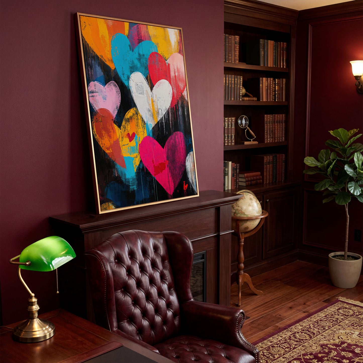 Colorful Hearts Graffiti Canvas in antique gold floating frame