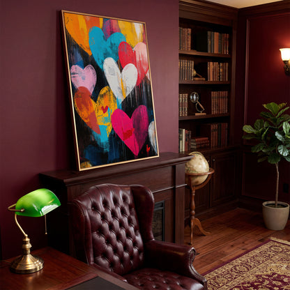 Colorful Hearts Graffiti Canvas in antique gold floating frame
