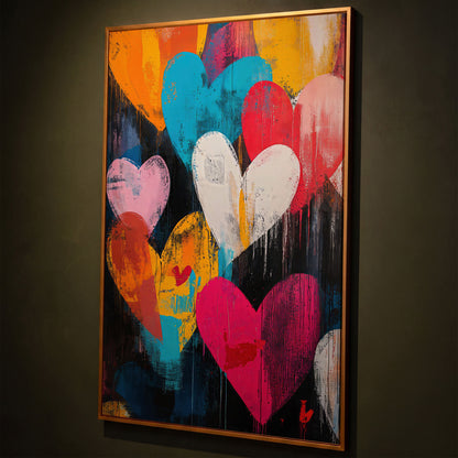 Colorful Hearts Graffiti Canvas shown in antique gold floating frame