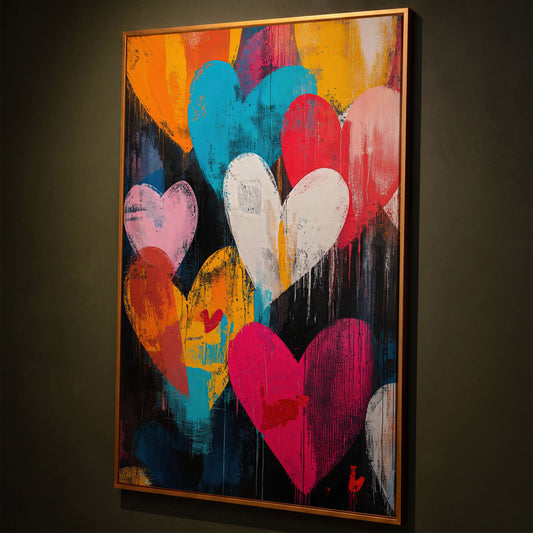 Colorful Hearts Graffiti Canvas shown in antique gold floating frame