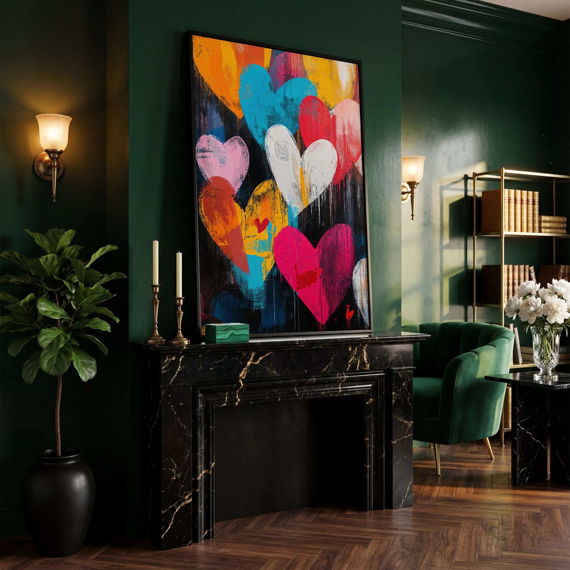 Colorful Hearts Graffiti Canvas in black floating frame