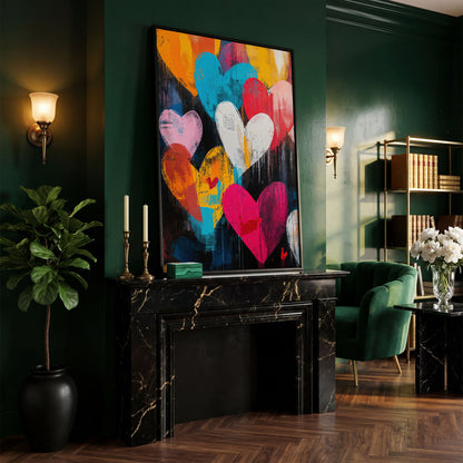 Colorful Hearts Graffiti Canvas in black floating frame
