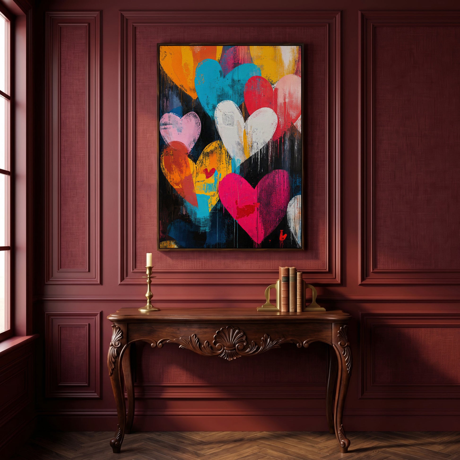 Colorful Hearts Graffiti Canvas in dark walnut floating frame
