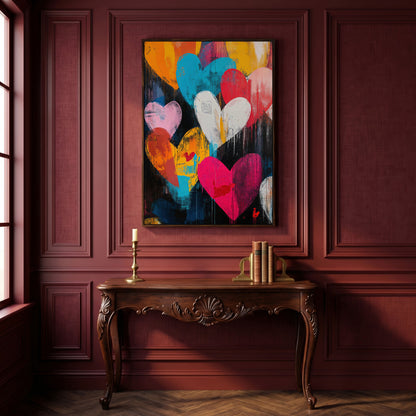 Colorful Hearts Graffiti Canvas in dark walnut floating frame