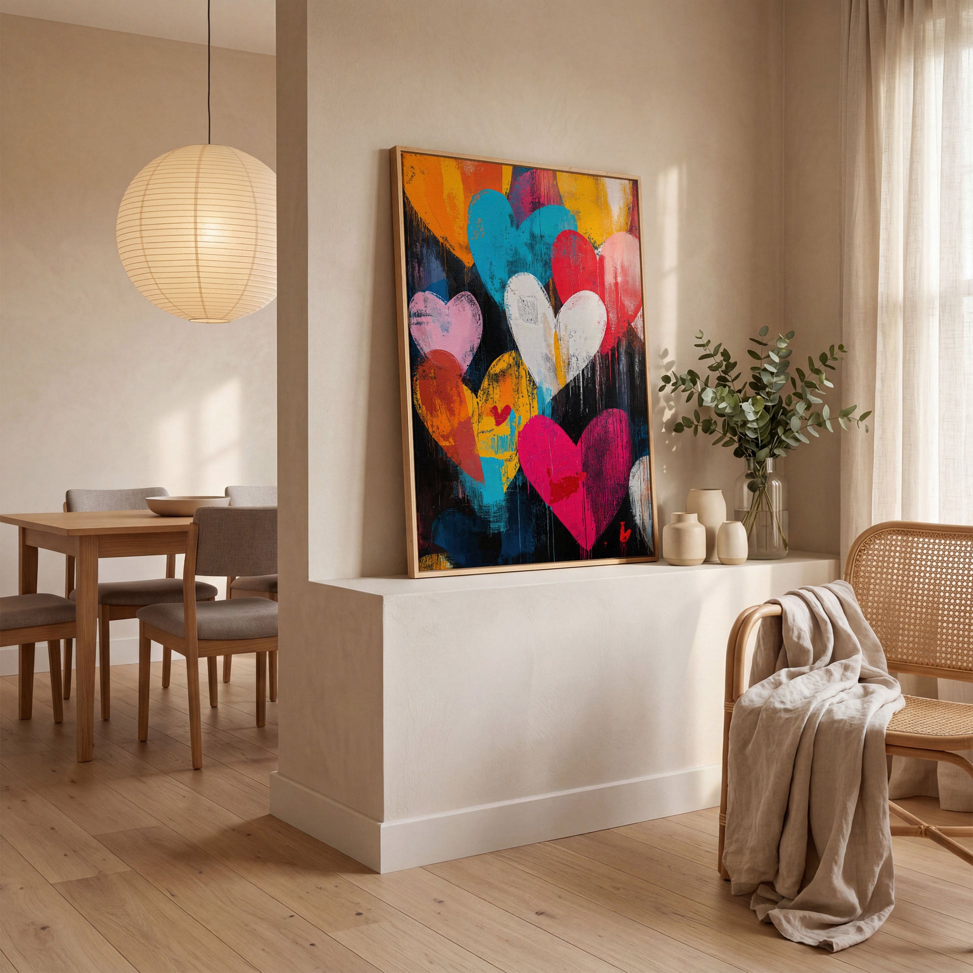 Colorful Hearts Graffiti Canvas in white oak floating frame